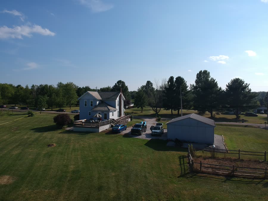 Aerial view of Bella Fattoria Cottage, a restored 1899 farmhouse in Berlin Center, Ohio